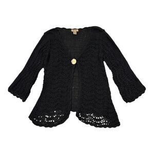Peck & Peck Cardigan Sweater Women's Small Black Open Knit Y2K Style One‎ Button
